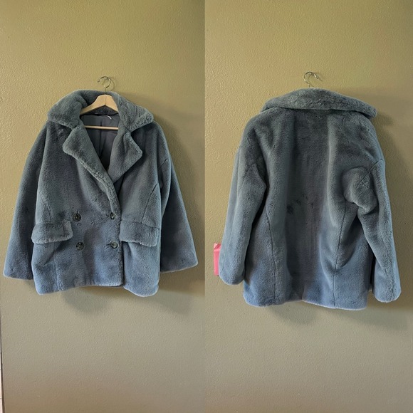 Free People Kate Faux-Fur Double Breasted Jacket in blue - Picture 2 of 12